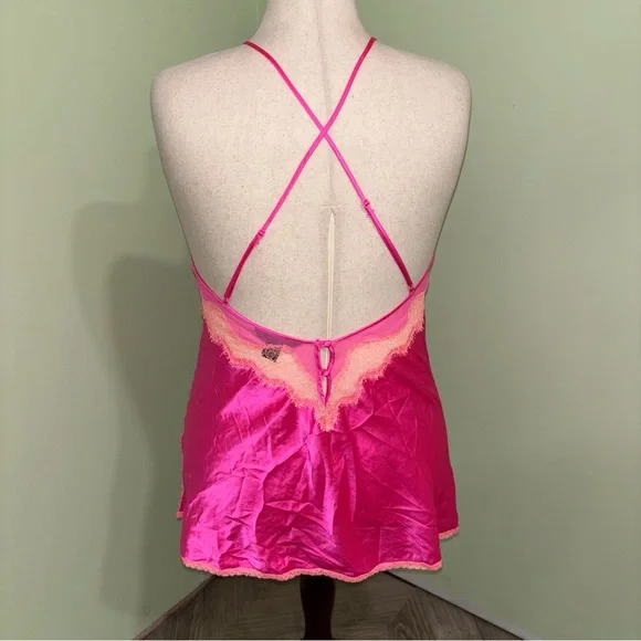 Victoria’s Secret Pink Satin Lace V-neck Chemise Open Back Fairy Women’s Sz L - Picture 2 of 8